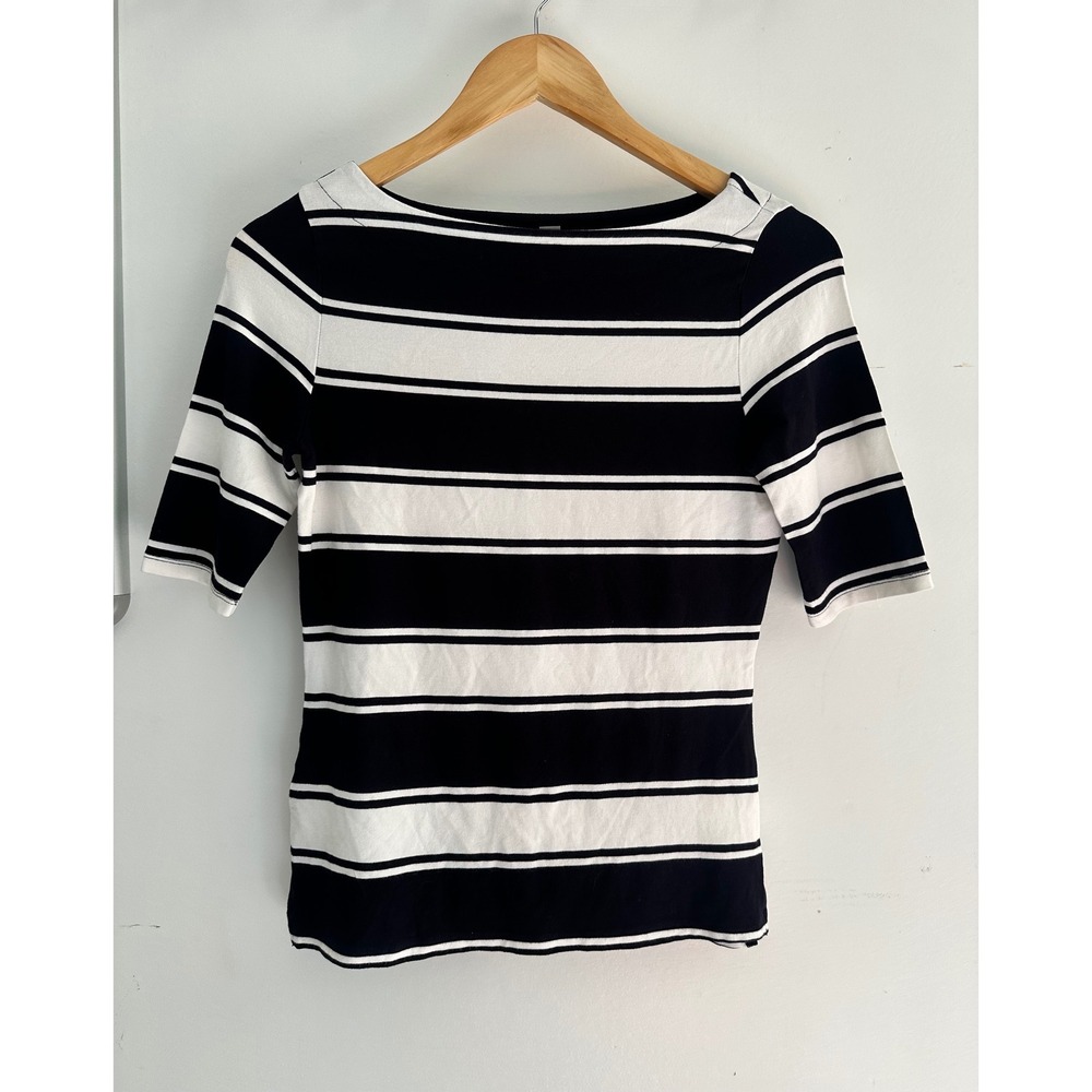 Ann Taylor Navy White Striped Boatneck Top Elbow Sleeve Rayon Small Nautical